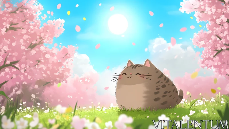 Tabby Feline Character Amidst Cherry Blossom Scene Rendering