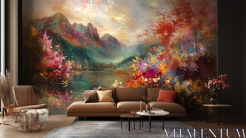 Living room drifts into a luminous painted mountain dreamscape