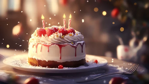 Illuminated Layer Cake with Raspberry Garnish and Lit Candles