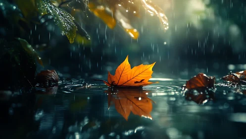 Golden autumn leaf drifting gently through soft rain.