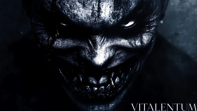 Demonic grin emerges from darkness with sharpened menace.