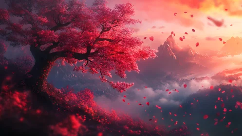 Radiant cherry tree glowing over misty mountain sunrise.