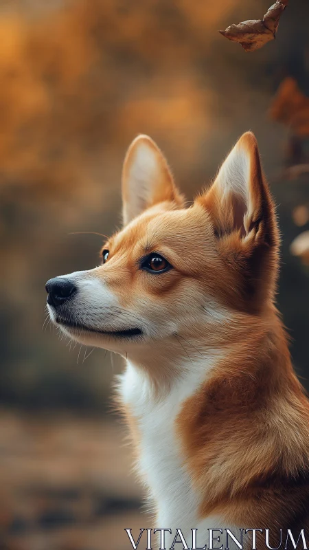 Autumn ember corgi gazes into the woodland hush.