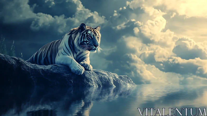 Moonlit tiger resting beside a quiet skylit lake.