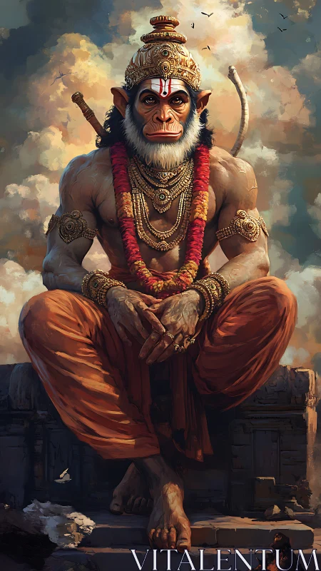 Majestic Hanuman sits in calm strength above the clouds