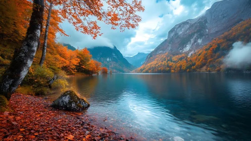 Golden autumn lake rests beneath misty blue mountains
