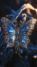 Jeweled sapphire butterfly brooch glows in twilight garden