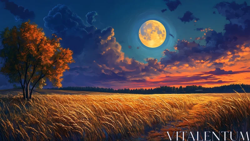 Harvest moon ignites a golden field under storm-bright skies.
