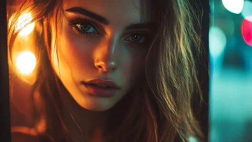 Neon hush on a midnight face, carved in city firelight.