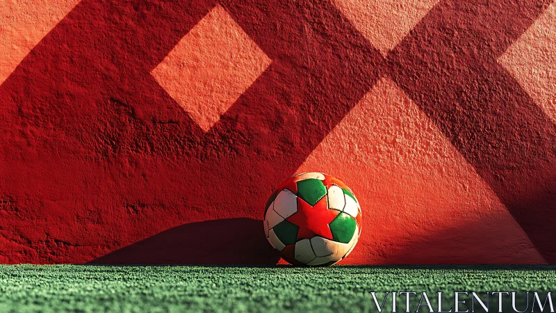 Sunlit street football waits beneath bold red shadows.