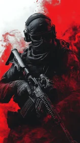 Masked special ops soldier emerges through red battle smoke
