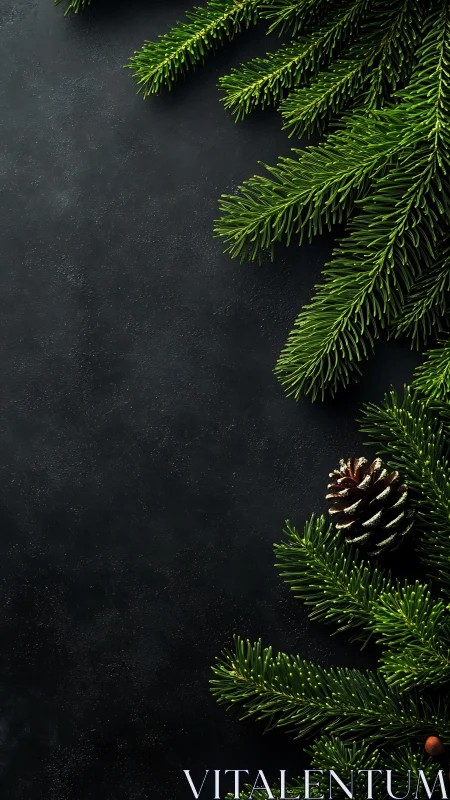 Photorealistic fir branches on dark slate with pinecone framing.