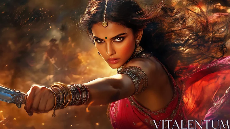 Warrior queen’s gaze slices through embers and rushing steel