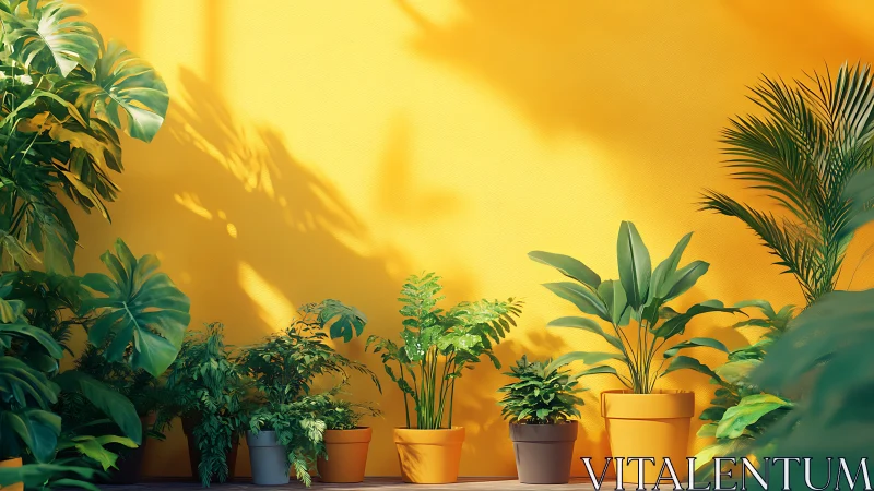 Sunlit jungle of houseplants dancing against citrus walls.