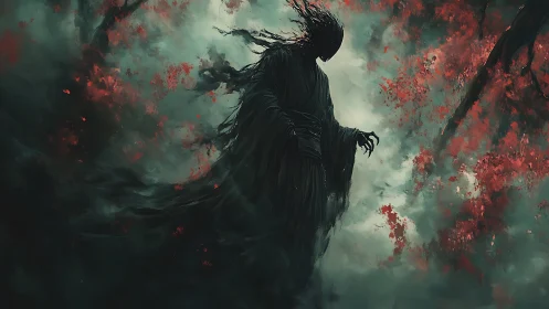 Digital painting of wraithlike figure amid crimson stormscape.