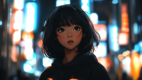 Neon city girl portrayed in soft-focus anime nightscape.