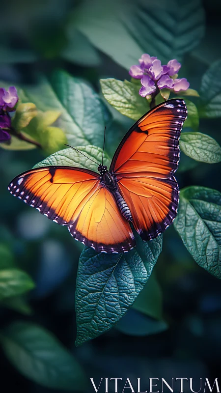 Orange butterfly on green leaf with blurred foliage backdrop.