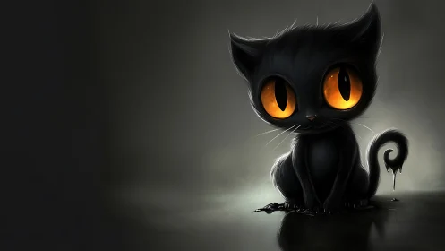 Mystical Black Kitten with Glowing Amber Eyes.