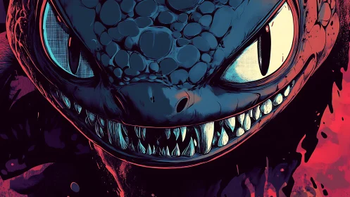 Grinning abyssal lizard leans from neon shadows to dare you