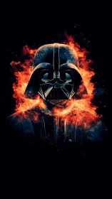 Dark armored helmet silhouette encircled by vivid fire