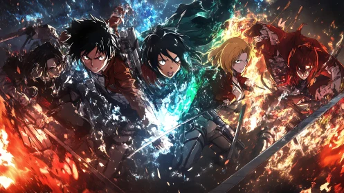 Dynamic anime squad charges through fire and elemental light.