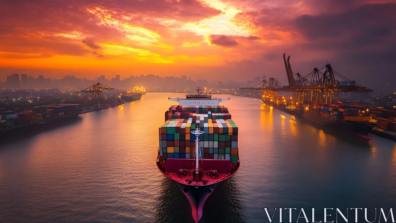 Container ship moves through industrial port channel at dusk