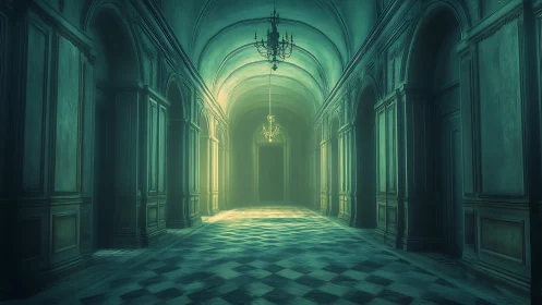 Soft light drifts through a grand, mysterious palace hall