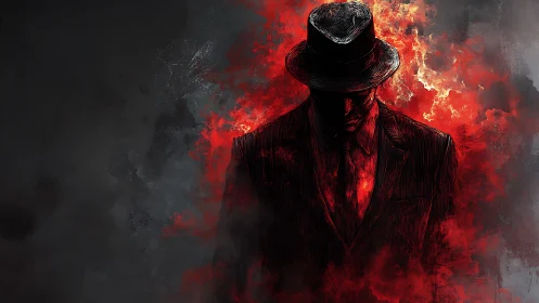 Shadowed man in fedora emerges from burning red smoke