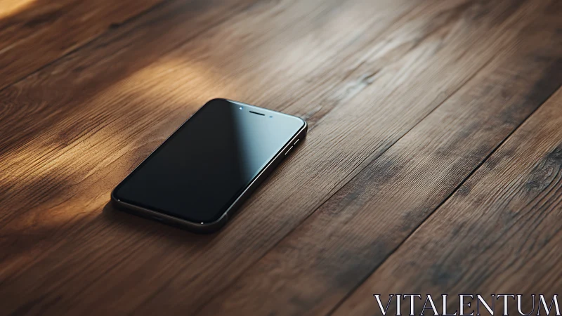 Modern smartphone resting on warm wooden flooring.