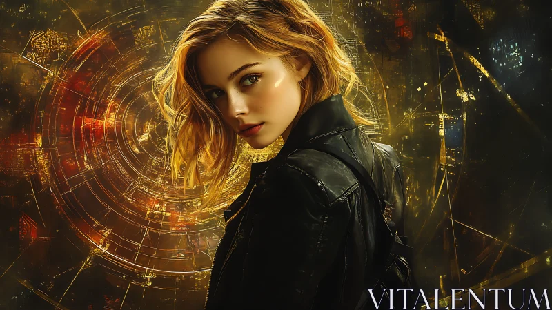 Cybernetic vortex portrait with luminous circular interface.