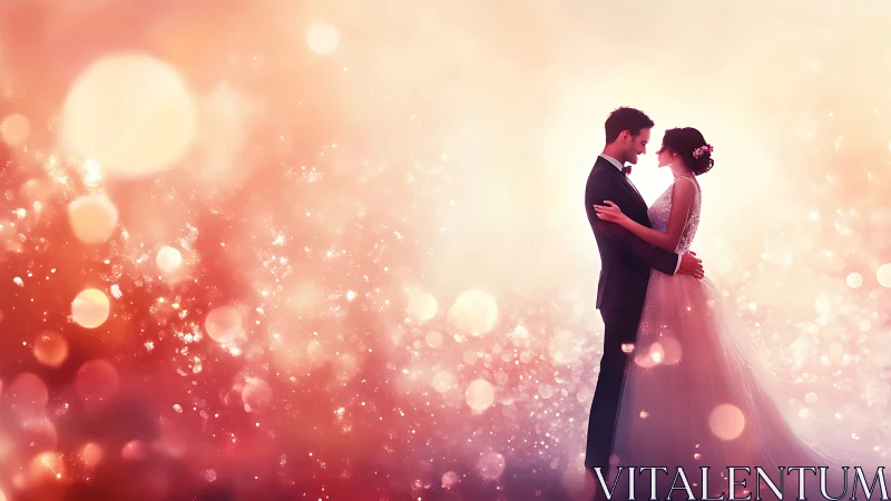 Dreamy wedding couple sharing a soft, glowing embrace.