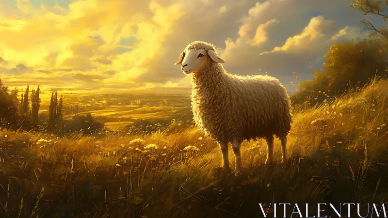 Sunlit hillside sheep crowned by molten gold horizon glow.