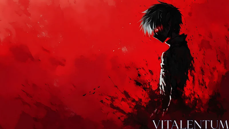 Shadowed anime figure stands against a blazing red storm