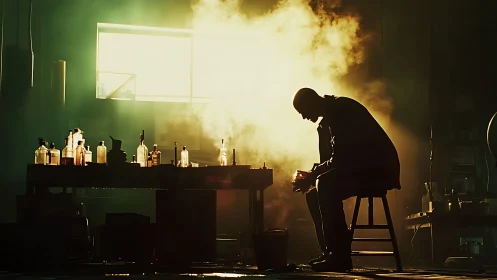 Backlit chemist silhouette amid vapor in industrial workshop