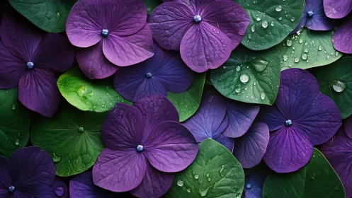 Purple hydrangea petals with green leaves covered in water droplets