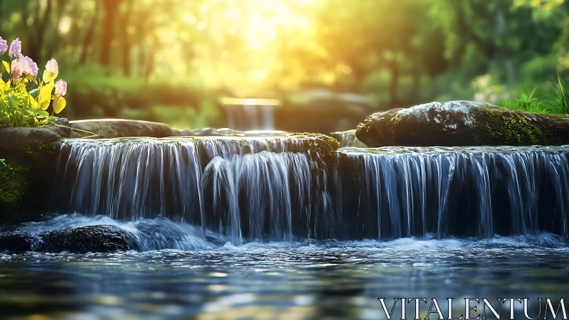 Serene woodland waterfall with sunlight and flowers, realistic style.