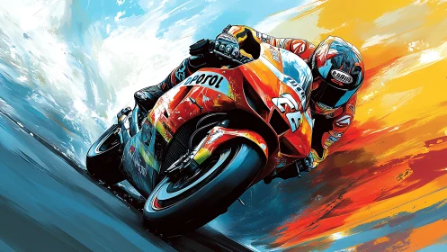 Motorcycle racer leans into high speed corner on vivid track