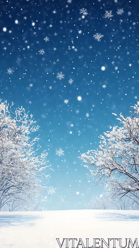 Snow-laden winter trees frame a vertical snowfall study
