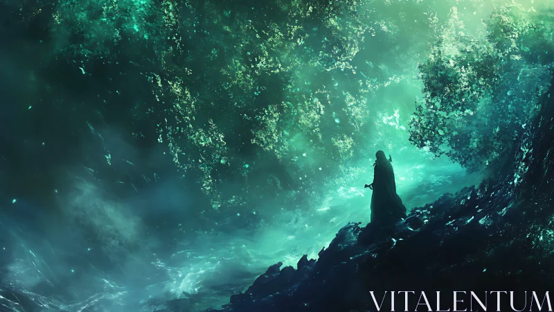 Mystic cloaked figure under swirling emerald vortex sky.