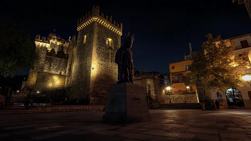 Illuminated stone fortress and royal statue in nocturnal plaza