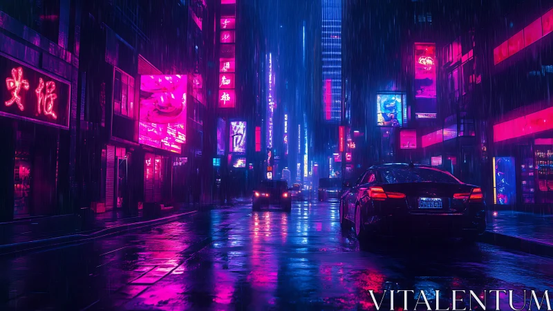 Neon‑lit cars glide through a rainy cyberpunk city nightscape
