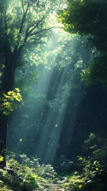 Forest Interior with Sunlight Rays Through Dense Canopy