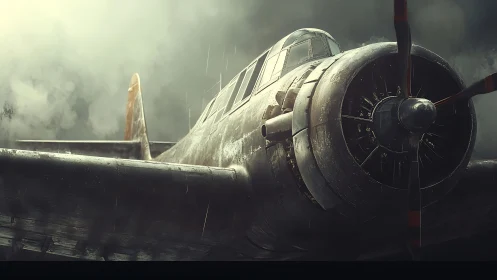 Storm-soaked warbird idling in a brooding metal downpour.