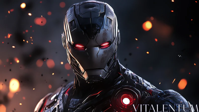 Armored cyborg warrior stands amid glowing battle embers.