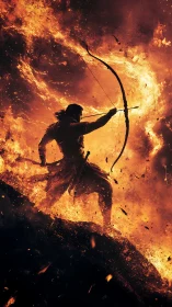 Fiery warrior archer silhouetted against raging flames.