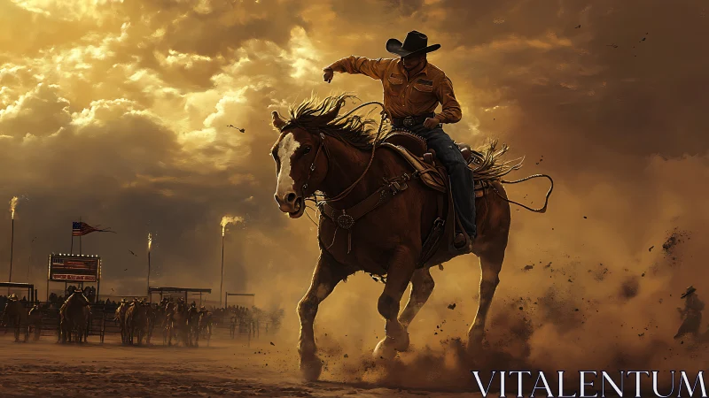 Rodeo cowboy riding horse through dust in sunset arena.