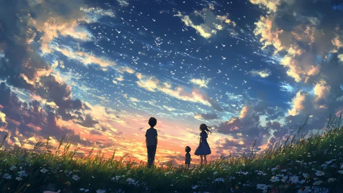 Silhouetted children under iridescent sunset cloudscape.