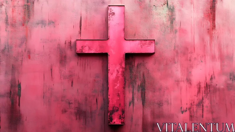 Bold pink cross stands against textured distressed wall
