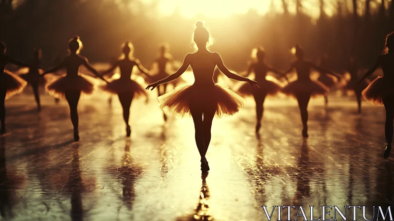 Silhouetted ballet dancers on reflective surface at sunset.
