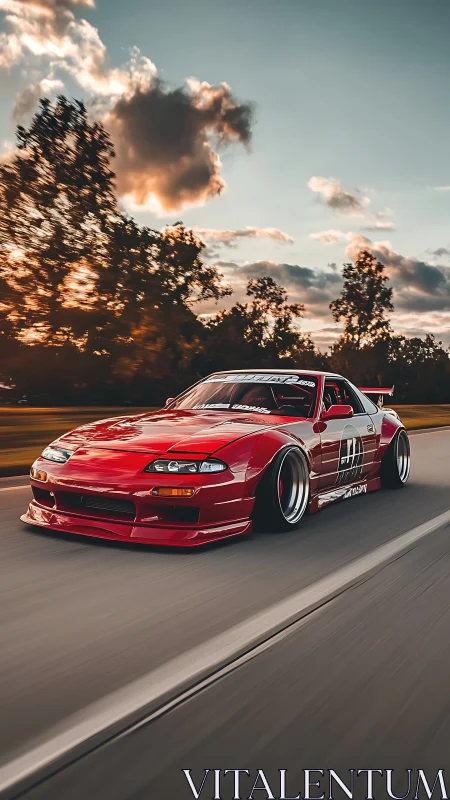 Red drift car cruises a highway under glowing sunset skies.